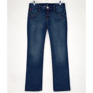 Y2K Low Rise Straight Leg‎ Jeans Dark Wash Red Stitching US Sz S Retro Funky
